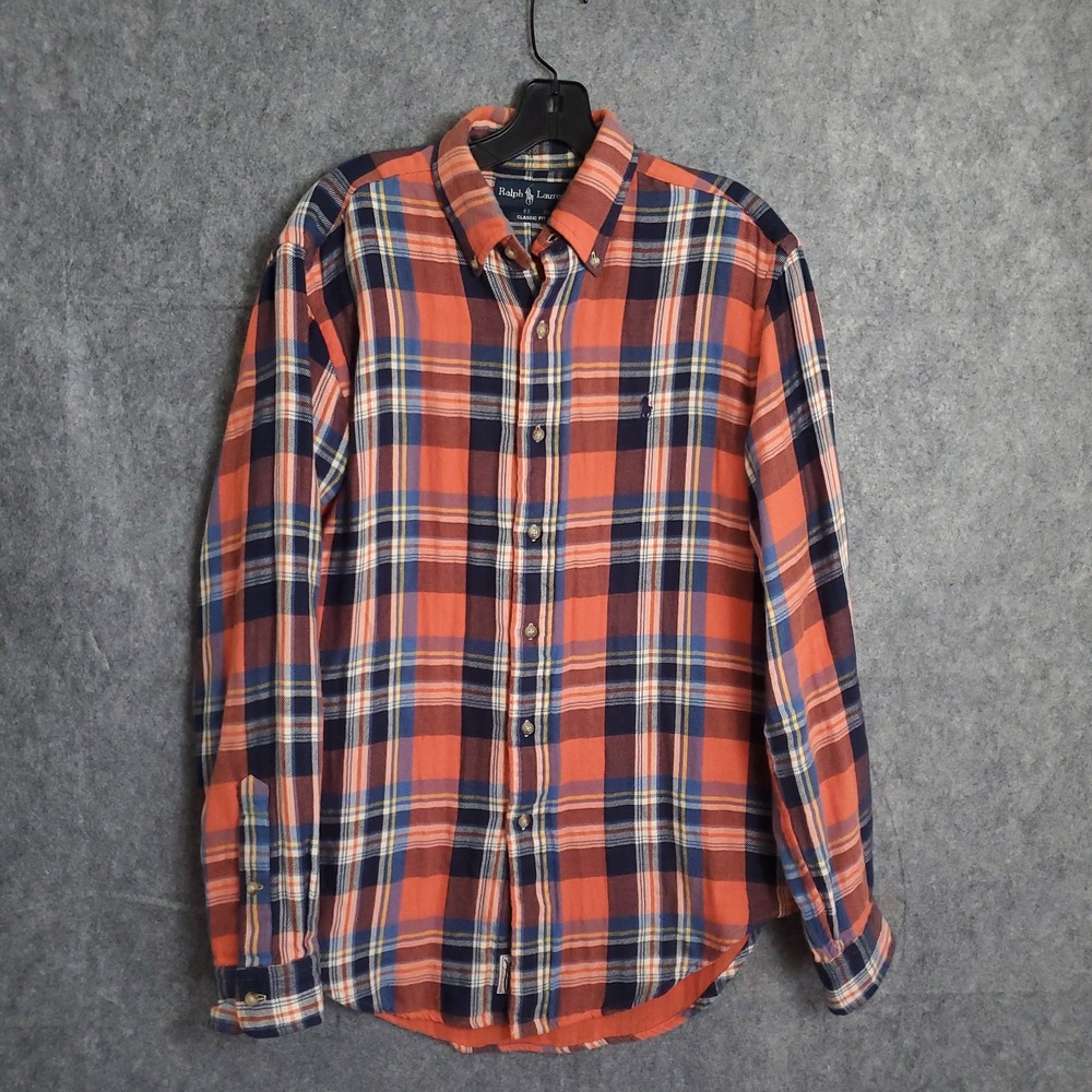 Ralph Lauren Polo Shirt Mens Small Orange Blue Plaid Flannel Mountain‎ Equipment